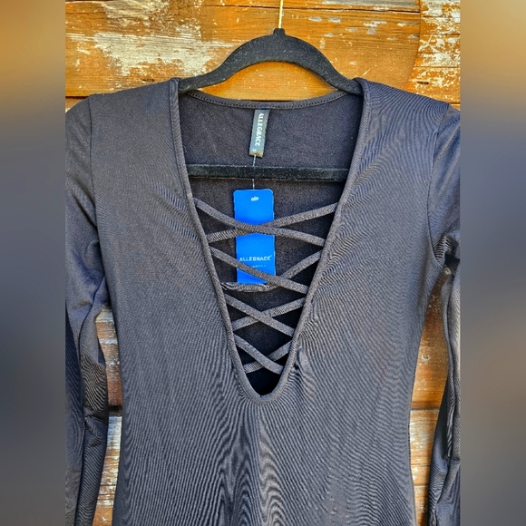 Allegrace Butter Soft Black Bodycon Midi Vneck Caged Strappy Fleece Lined Dress - Picture 4 of 6